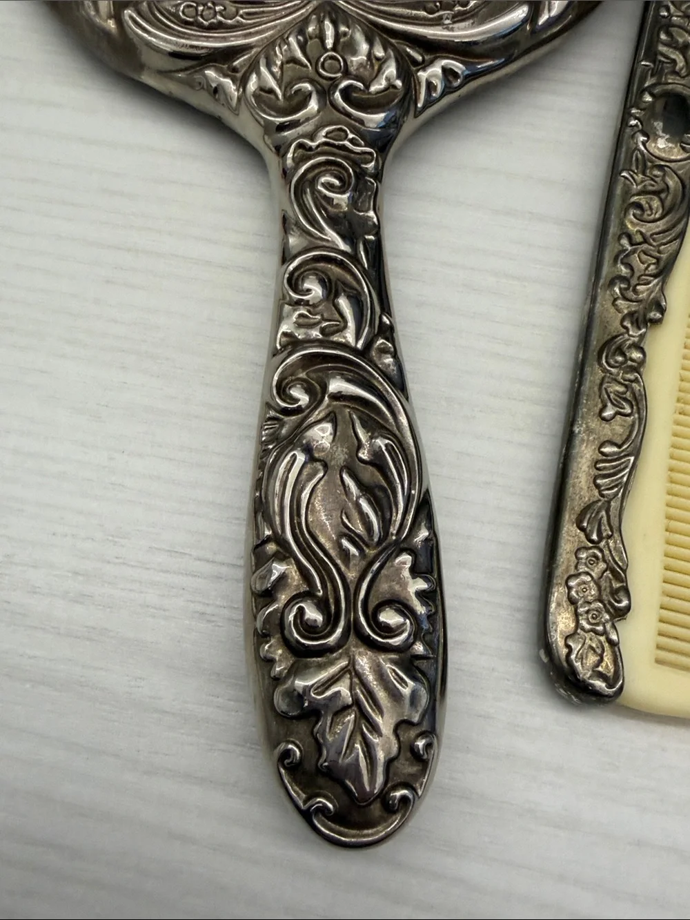Vintage Silver plated Hand Mirror and Comb Set - Ornate Floral Design
